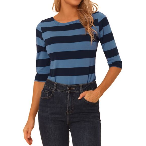 Elbow Sleeves T-shirt Casual Boat Neck Slim Fit Tee Blue - Picture 1 of 5